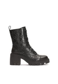 Kazar - Botki na grubym obcasie zdobione tłoczeniem. Okazja: na co dzień. Zapięcie: sznurówki. Kolor: czarny. Szerokość cholewki: normalna. Wzór: aplikacja. Materiał: skóra. Sezon: zima. Obcas: na obcasie. Styl: casual. Wysokość obcasa: średni #1