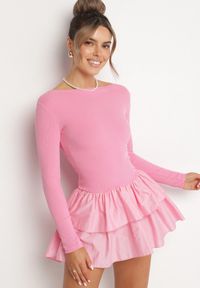 Born2be - Różowa Rozkloszowana Sukienka z Długim Rękawem i Falbanką Reonaria. Okazja: na co dzień. Kolor: różowy. Długość rękawa: długi rękaw. Styl: elegancki, casual #5