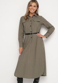 Born2be - Zielona Koszulowa Sukienka na Guziki z Paskiem i Imitacją Kieszeni Tintarra. Kolor: zielony. Typ sukienki: koszulowe. Styl: elegancki, sportowy, klasyczny #3