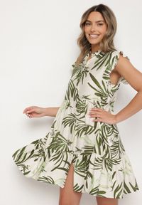 Born2be - Zielona Sukienka z Wiskozą Lnem Bawełną i Motywem Liści Lilumea. Okazja: na co dzień. Kolor: zielony. Materiał: bawełna, len, wiskoza. Styl: elegancki, casual #4