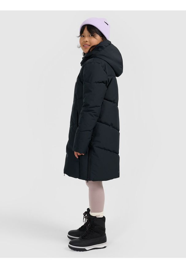 4f - 4F Płaszcz zimowy membrana 5000 dziewczęcy - czarny 122 (6-7 lat). Okazja: na co dzień, na uczelnię. Kolor: czarny. Materiał: poliester, materiał. Długość: do kolan. Wzór: gładki. Sezon: zima, lato. Styl: casual