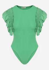 Born2be - Zielone Bawełniane Body z Rękawami z Falbanek Zapinane na Napy Gilines. Okazja: na co dzień. Typ kołnierza: kołnierz z falbankami. Kolor: zielony. Materiał: bawełna. Długość rękawa: krótki rękaw. Długość: krótkie. Styl: elegancki, casual #3