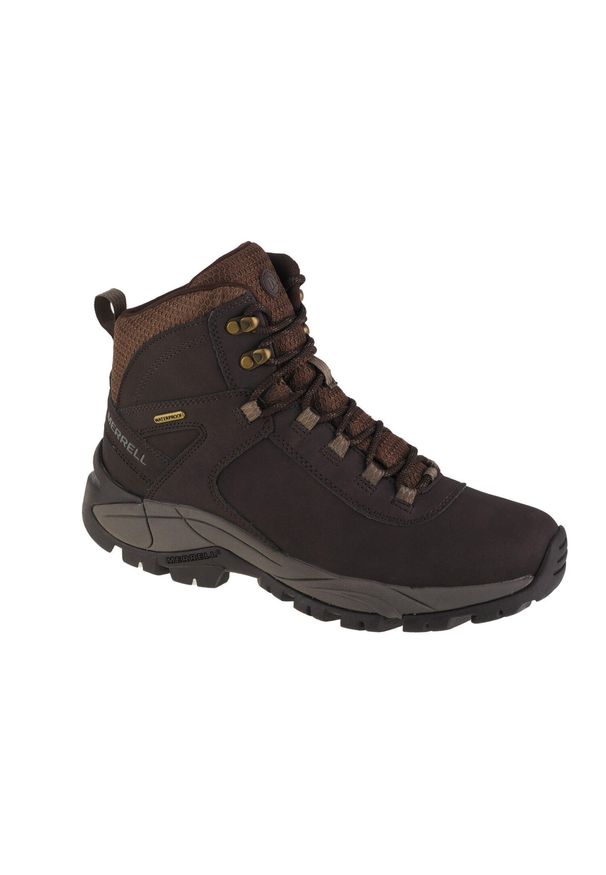 Buty trekkingowe męskie Merrell Vego Mid Leather Waterproof. Wysokość cholewki: za kostkę. Zapięcie: sznurówki. Kolor: brązowy, wielokolorowy. Materiał: nubuk. Szerokość cholewki: normalna