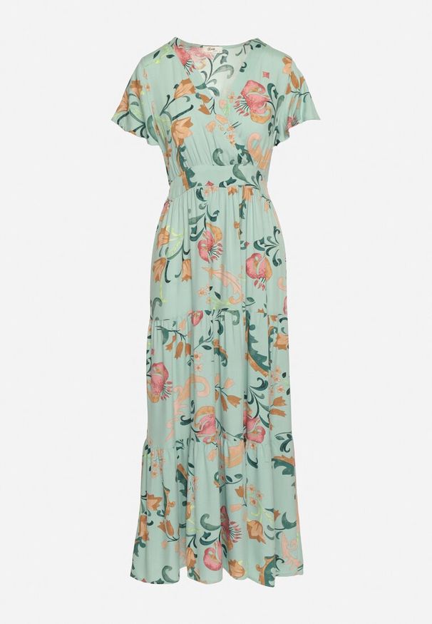 Born2be - Zielona Rozkloszowana Sukienka Maxi z Wiskozy w Kwiaty z Kopertowym Dekoltem Ilitta. Kolor: zielony. Materiał: wiskoza. Wzór: kwiaty. Sezon: lato. Typ sukienki: kopertowe. Długość: maxi