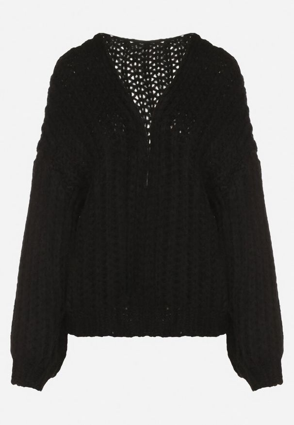 Born2be - Czarny Niezapinany Kardigan Oversize z Domieszką Wełny i Wiskozy Tianavia. Okazja: na co dzień. Kolor: czarny. Materiał: wiskoza, wełna. Długość: długie. Styl: casual