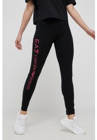 EA7 Emporio Armani spodnie damskie kolor czarny z nadrukiem. Stan: podwyższony. Kolor: czarny. Materiał: dzianina. Wzór: nadruk