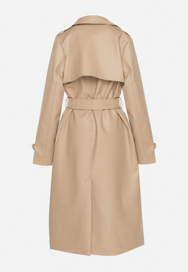 Born2be - Beżowy Płaszcz w Stylu Trencza z Ekoskóry z Paskiem w Talii i Ozdobnymi Klapami Sintesca. Okazja: na co dzień. Kolor: beżowy. Materiał: jeans. Styl: klasyczny, casual, elegancki