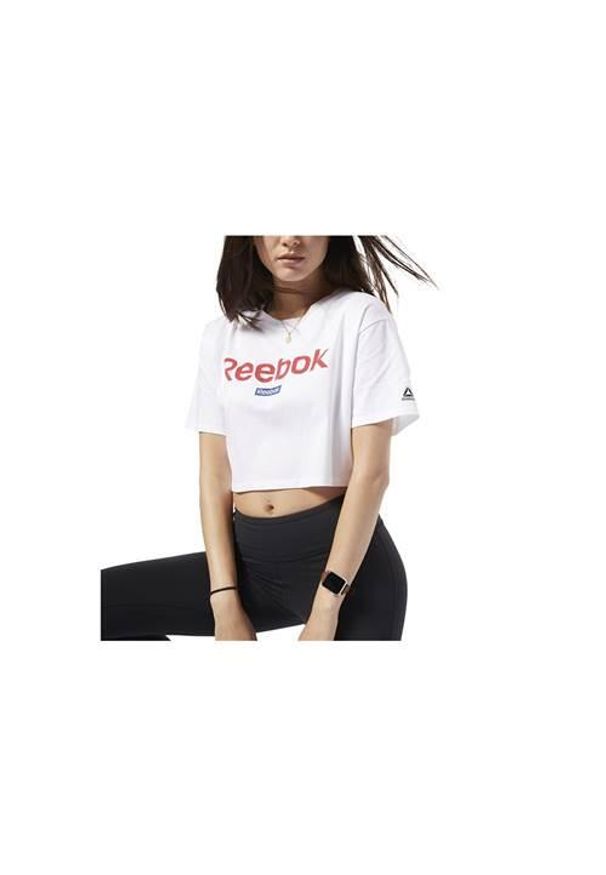 Koszulka sportowa damska Reebok Linear Logo Crop Tee. Kolor: biały. Długość rękawa: krótki rękaw. Długość: krótkie