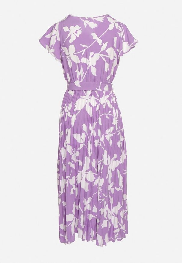 Born2be - Fioletowa Kopertowa Plisowana Sukienka z Gumką i Paskiem w Talii Denevia. Okazja: na co dzień. Kolor: fioletowy. Długość rękawa: krótki rękaw. Typ sukienki: kopertowe. Styl: casual