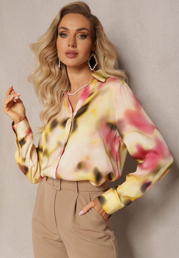 Renee - Żółta Wzorzysta Koszula z Guzikami i Długimi Rękawami z Mankietami Skadi. Kolor: żółty. Długość rękawa: długi rękaw. Długość: długie. Styl: klasyczny