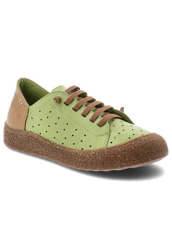Półbuty damskie Ravini, ze skóry naturalnej licowej ażurowa cholewka sznurowanie wygodna podeszwa casual, zielone, 1301-1. Okazja: na co dzień. Zapięcie: sznurówki. Kolor: zielony. Materiał: skóra. Szerokość cholewki: normalna. Wzór: ażurowy. Styl: casual