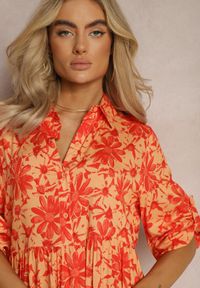 Renee - Pomarańczowa Rozkoszowana Sukienka z Koszulową Górą i Wzorem w Kwiaty Nealavin. Okazja: na co dzień. Kolor: pomarańczowy. Długość rękawa: długi rękaw. Wzór: kwiaty. Typ sukienki: koszulowe. Styl: casual. Długość: maxi #4