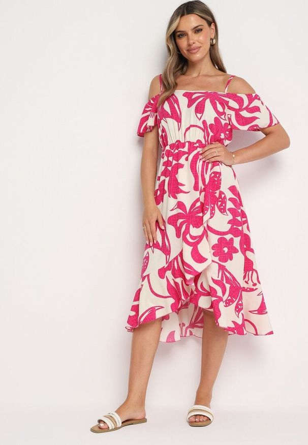 Born2be - Różowa Sukienka Typu Hiszpanka na Ramiączkach z Gumką w Pasie i Kopertowym Dołem Nellithine. Okazja: na co dzień. Typ kołnierza: dekolt hiszpanka. Kolor: różowy. Długość rękawa: na ramiączkach. Sezon: lato. Typ sukienki: kopertowe. Styl: casual, elegancki