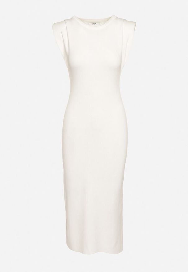 Born2be - Biała Sukienka Bodycon z Prążkowanej Dzianiny z Rozcięciem Roleria. Okazja: na co dzień. Kolor: biały. Materiał: dzianina, prążkowany. Długość rękawa: bez rękawów. Typ sukienki: bodycon. Styl: elegancki, casual