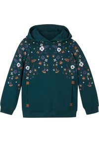 bonprix - Bluza z kapturem, bawełna organiczna. Typ kołnierza: kaptur. Kolor: niebieski. Materiał: bawełna. Wzór: nadruk, kwiaty #1