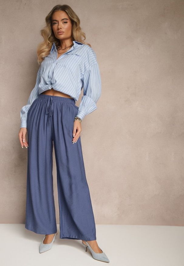 Renee - Granatowe Spodnie o Szerokim Kroju High Waist z Wiązaniem Fenalin. Okazja: na co dzień, na imprezę, na spacer. Stan: podwyższony. Kolor: niebieski. Styl: elegancki, casual