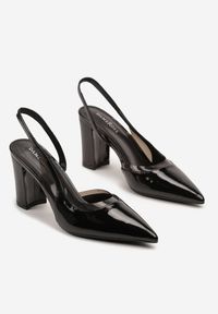 Renee - Czarne Sandały Lakierowane na Słupku typu Slingback Dralzedi. Okazja: na co dzień. Zapięcie: sprzączka. Kolor: czarny. Materiał: lakier. Obcas: na słupku. Styl: klasyczny, casual, elegancki