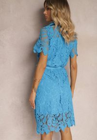 Renee - Niebieska Koronkowa Sukienka Koszulowa Midi z Paskiem Azariela. Kolor: niebieski. Materiał: koronka. Typ sukienki: koszulowe. Długość: midi #3