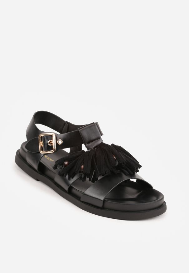 Renee - Czarne Boho Sandały VICES z Ozdobnymi Koralikami i Frędzlami Eluthera. Zapięcie: klamry. Kolor: czarny. Sezon: lato. Styl: boho