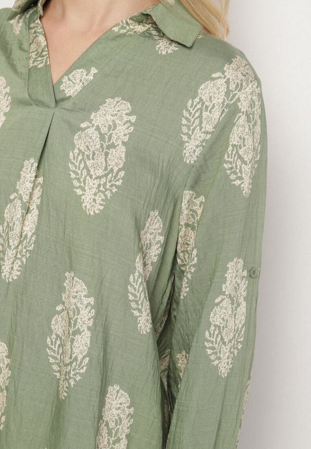 Born2be - Zielony Komplet w Stylu Boho Oversize Długa Koszula i Luźne Spodnie Meppina. Kolor: zielony. Materiał: skóra