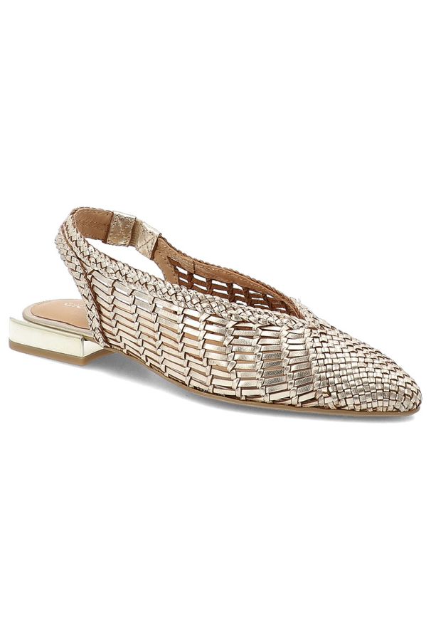 Hot Potatoes by Gioseppo - Czółenka damskie Gioseppo, lekka konstrukcja odkryta pięta elastyczny pasek z tyłu niski stabilny obcas pleciona cholewka smukły nosek, platinum, 792. Okazja: do pracy, na imprezę. Zapięcie: pasek. Kolor: srebrny. Szerokość cholewki: normalna. Sezon: wiosna, lato. Obcas: na obcasie. Styl: elegancki. Wysokość obcasa: niski