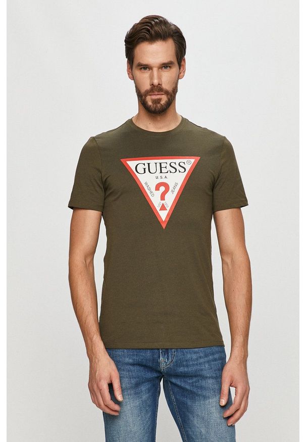 Guess - T-shirt. Okazja: na co dzień. Kolor: zielony. Materiał: dzianina. Wzór: nadruk. Styl: casual