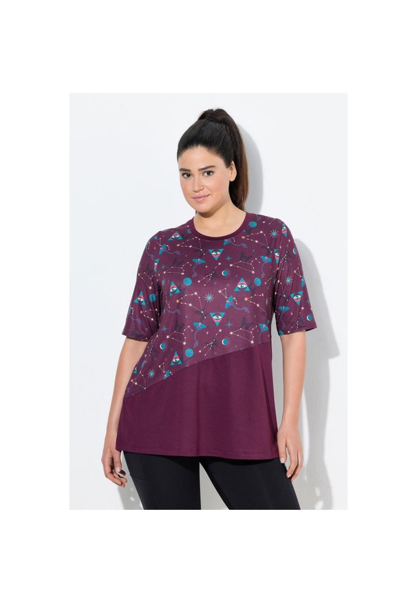 ULLA POPKEN - Damskie Bluzka funkcyjna krój trapezowy okrągły dekolt rękaw 1/2 z recyklingu. Kolekcja: plus size. Kolor: fioletowy. Materiał: poliester, materiał, elastan