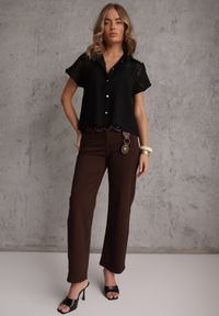 Renee - Czarna Wiskozowa Koszula z Krótkim Rękawem Zdobiona Koronkowymi Wstawkami Phiniche. Okazja: na imprezę. Kolor: czarny. Materiał: wiskoza, koronka. Długość rękawa: krótki rękaw. Długość: krótkie. Wzór: aplikacja. Sezon: lato. Styl: elegancki #5