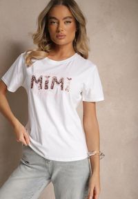 Renee - Biały T-shirt z Bawełny Ozdobione Koralikami Cekinami i Napisem Sanariala. Okazja: na co dzień. Kolor: biały. Materiał: bawełna. Wzór: aplikacja, napisy. Styl: casual #5