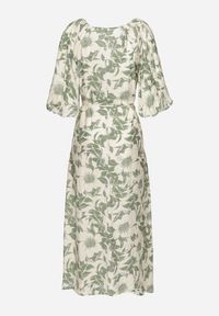 Born2be - Zielono-Biała Rozkloszowana Sukienka z Wiskozy Wykończona Bufiastymi Rękawami Maranea. Okazja: na co dzień. Typ kołnierza: dekolt w serek. Kolor: zielony. Materiał: wiskoza. Typ sukienki: proste, w kształcie A. Styl: klasyczny, casual, elegancki #3