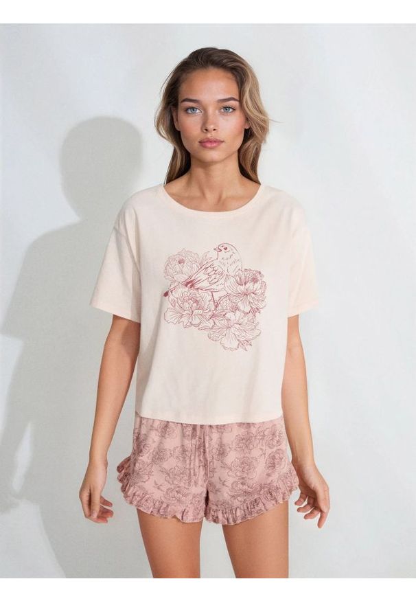 Sinsay - Bawełniana piżama dwuczęściowa z motywem kwiatowym - różowy. Kolor: różowy. Materiał: bawełna. Wzór: kwiaty