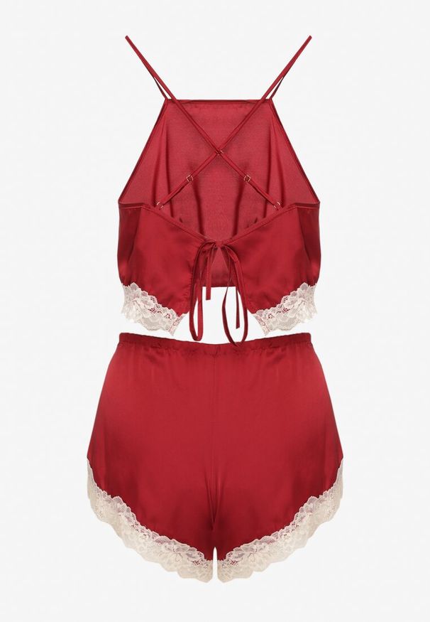 Renee - Bordowy Komplet Piżamowy Krótki Wiązany Top na Ramiączkach Szorty z Gumką w Talii Tiseria. Kolekcja: plus size. Kolor: czerwony. Materiał: materiał. Długość: krótkie