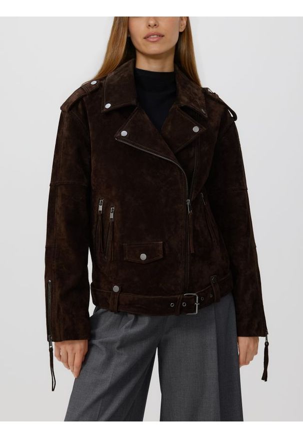 Reserved - Zamszowa ramoneska oversize z paskiem - ciemnobrązowy. Kolor: brązowy. Materiał: zamsz