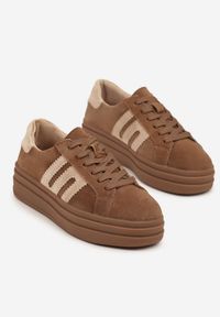 Born2be - Brązowe Zamszowe Sneakersy na Grubej Podeszwie ze Skórzaną Wkładką i Naszywką Rilaressa. Okazja: na co dzień. Kolor: brązowy. Materiał: zamsz, skóra. Wzór: aplikacja #6
