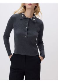 Reserved - Bluzka z ozdobnym kołnierzem - ciemnoszary. Kolor: szary. Materiał: dzianina, wełna #1