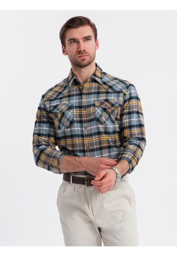 Ombre Clothing - Męska flanelowa koszula w kratę z kieszeniami - szaro-żółta V1. Kolor: szary. Materiał: bawełna. Długość rękawa: długi rękaw. Długość: długie. Styl: klasyczny