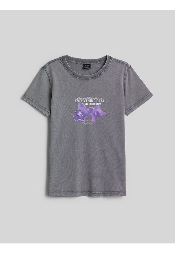 4f - 4F T-shirt regular z nadrukiem damski - szary L. Okazja: na co dzień, na plażę. Kolor: szary. Materiał: materiał, bawełna, dzianina. Wzór: nadruk. Sezon: lato. Styl: wakacyjny, casual, klasyczny, sportowy