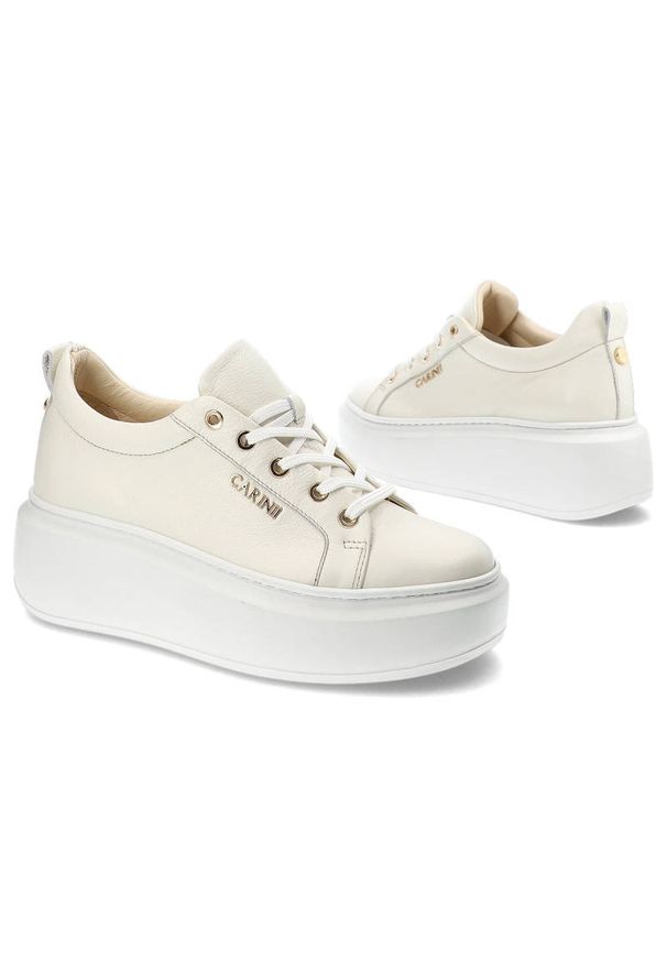 Beżowe Sneakersy Carinii Modne Skórzane Buty. Kolor: biały. Materiał: skóra. Szerokość cholewki: normalna. Wzór: aplikacja. Obcas: na platformie, na obcasie. Styl: sportowy. Wysokość obcasa: średni
