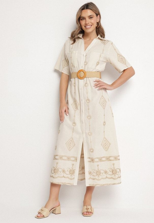 Born2be - Beżowa Bawełniana Sukienka Koszulowa z Ozdobnym Paskiem i Haftem Evialisse. Okazja: na imprezę, na co dzień. Kolor: beżowy. Materiał: bawełna. Wzór: haft. Typ sukienki: koszulowe. Styl: casual, elegancki