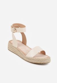 Renee - Beżowe Sandały VICES na Platformie z Plecionki z Szerokim Paskiem z Klamrą Jurelle. Okazja: na spacer. Zapięcie: klamry. Kolor: beżowy. Materiał: jeans, len. Wzór: haft. Sezon: lato. Obcas: na platformie. Styl: boho #3