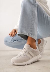 Renee - Jasnoszare Sneakersy z Zamszu Naturalnego z Ozdobnymi Paskami i Perforacją Ravinelle. Okazja: na co dzień. Zapięcie: pasek. Kolor: szary. Materiał: zamsz #1