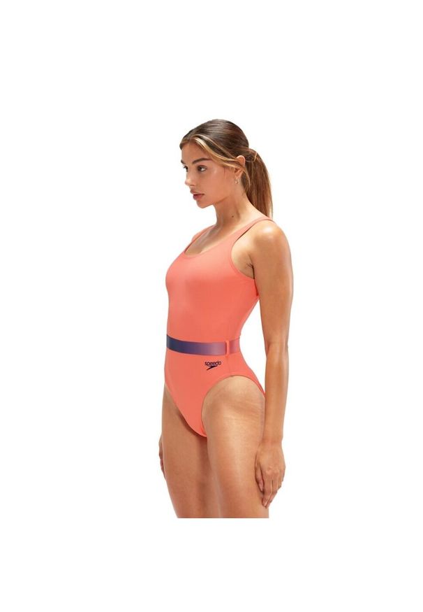 Strój pływacki jednoczęściowy damski Speedo Belted Deep U-Back. Kolor: pomarańczowy, wielokolorowy, żółty, fioletowy