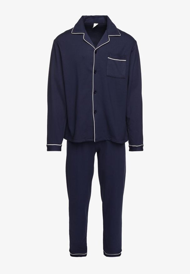 Born2be - Granatowa Bawełniana Piżama z Koszulą i Spodniami z Gumką w Pasie Ivamora. Kolor: niebieski. Materiał: bawełna. Długość: długie