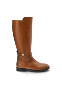 TOMMY HILFIGER - Brązowe Kozaki Damskie Tommy Hilfiger Eleganckie Skórzane Buty. Zapięcie: pasek. Kolor: brązowy. Materiał: skóra. Szerokość cholewki: normalna. Obcas: na obcasie. Styl: elegancki. Wysokość obcasa: niski