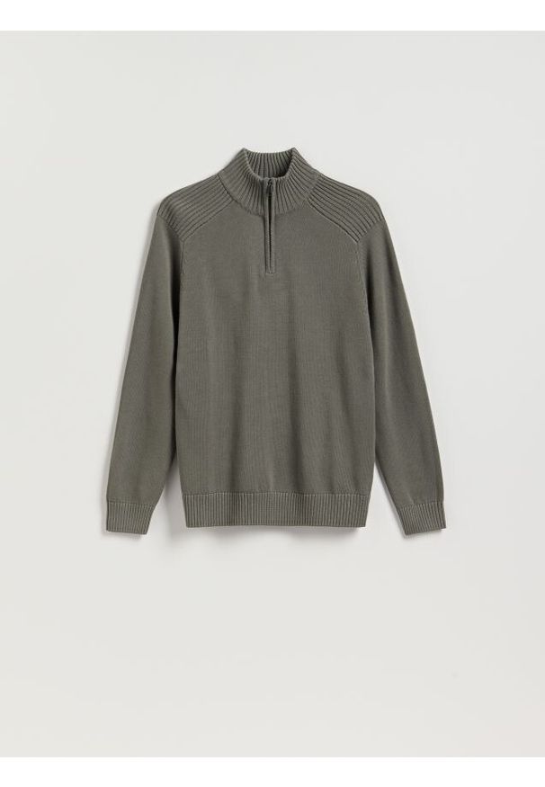 Reserved - Sweter z rozpinanym golfem - zielony. Typ kołnierza: golf. Kolor: zielony. Materiał: bawełna, dzianina
