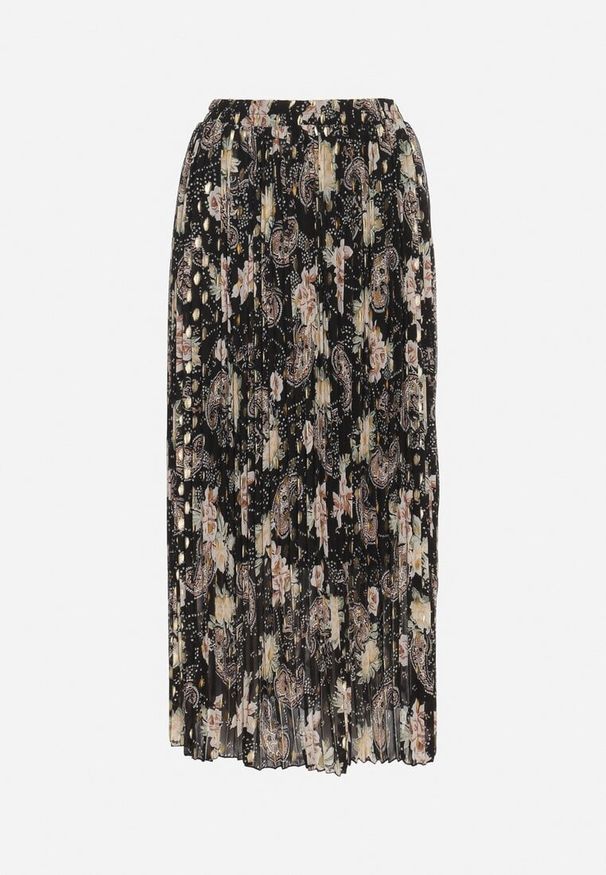 Born2be - Czarna Plisowana Spódnica Rozkloszowana w Kwiaty Zdobiona Metalicznym Nadrukiem Folenisa. Okazja: na co dzień. Kolor: czarny. Wzór: nadruk, aplikacja, kwiaty. Styl: casual