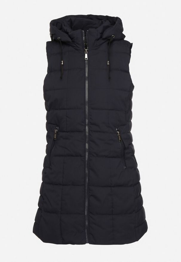 Born2be - Granatowa Pikowana Kamizelka z Odpinanym Kapturem i Kieszeniami na Suwak Anoria. Okazja: na co dzień. Kolor: niebieski. Materiał: jeans, tkanina. Wzór: aplikacja. Styl: klasyczny, casual