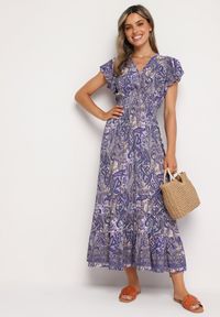Born2be - Granatowa Rozkloszowana Kopertowa Sukienka z Bawełny o Wzorze Paisley z Gumką w Talii Zonne. Okazja: na co dzień. Typ kołnierza: dekolt w kształcie V, dekolt kopertowy. Kolor: niebieski. Materiał: bawełna. Długość rękawa: krótki rękaw. Wzór: paisley. Typ sukienki: kopertowe. Styl: casual, elegancki, klasyczny #2