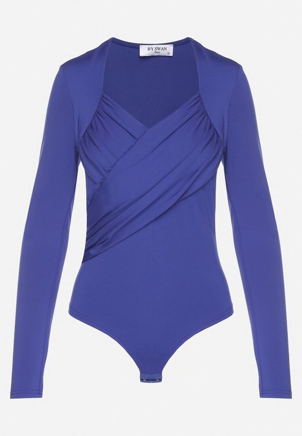 Born2be - Niebieskie Body Eleganckie z Marszczeniem Ziellea. Okazja: na co dzień. Kolor: niebieski. Materiał: jeans. Długość rękawa: długi rękaw. Długość: długie. Styl: elegancki