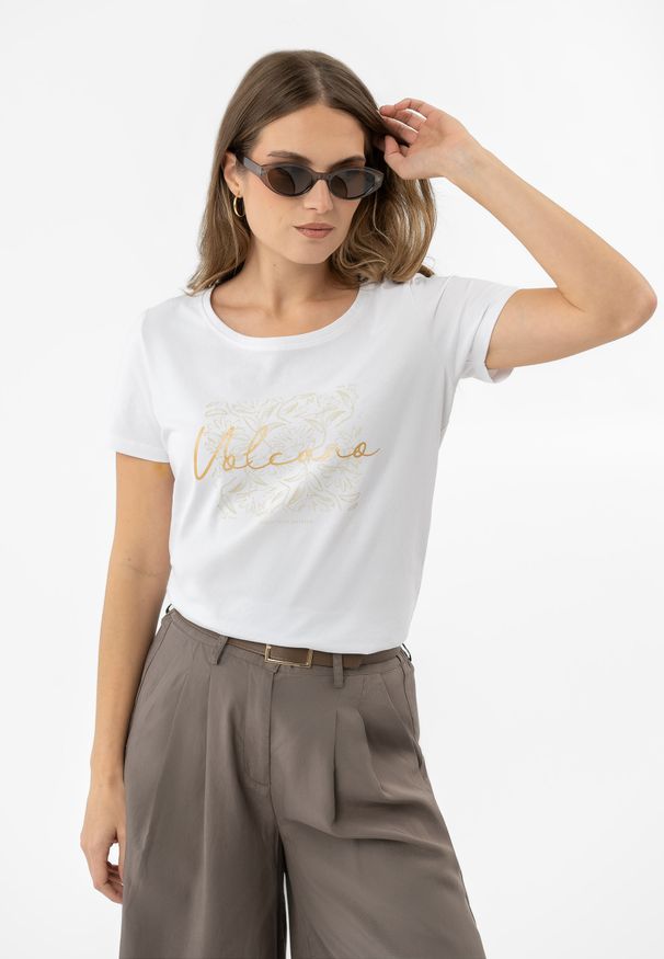 Volcano - T-shirt z printem T-CORIS. Okazja: na co dzień. Materiał: bawełna, jeans, materiał. Długość rękawa: krótki rękaw. Długość: krótkie. Wzór: nadruk. Styl: casual, elegancki, klasyczny